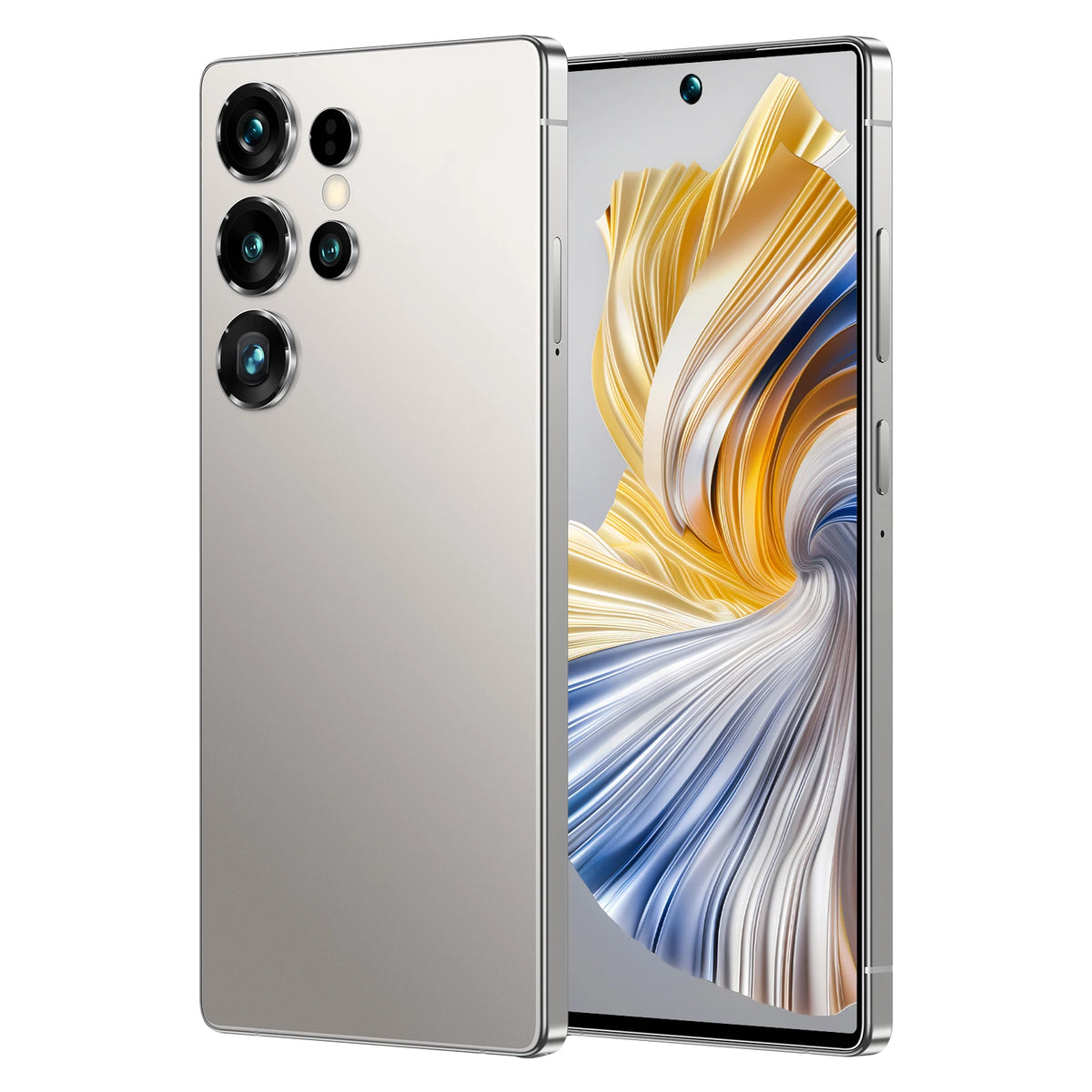 White smartphone with triple rear cameras and front display, flat edges