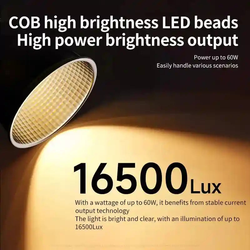 A 60W COB LED light head with a textured, circular reflector casting a wide, warm-toned beam of light.