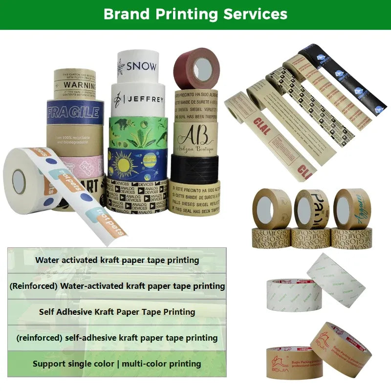 Custom Printed Brand LOGO Water Activated Kraft Paper Tape Suitable Shipping Self Adhesive Kraft Paper Tape