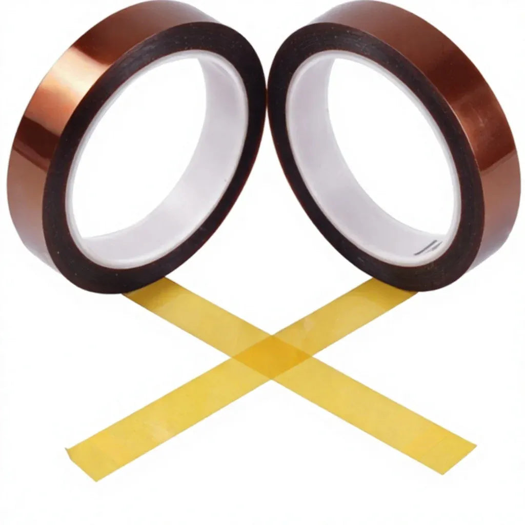 Brown copper-colored adhesive tape rolls with die-cut polyimide center strip, two pieces