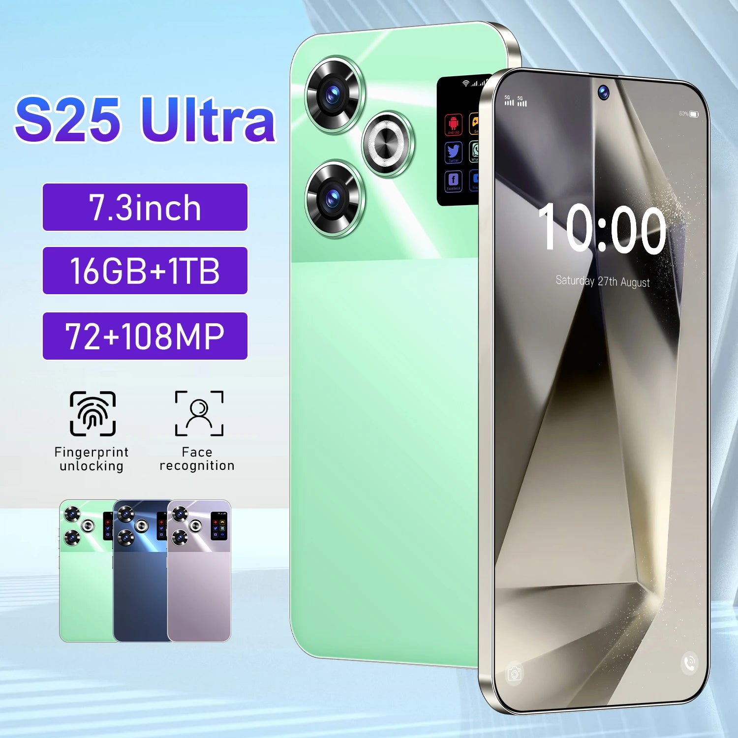 Tidesmit 5G Smartphone, 7.3 Inch AMOLED, 16GB RAM, 1TB Storage Green 16g 1TB Tidesmit