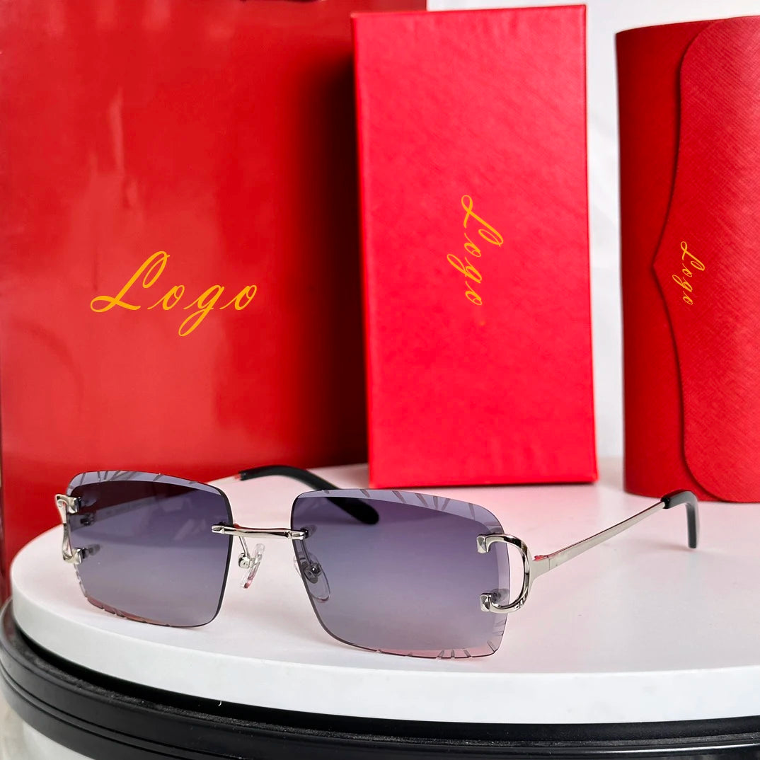 2026 LOGO Rimless Sunglasses Luxury Gold Rimless Blue Shades for Fashion Enthusiasts UV Protection Eyewear