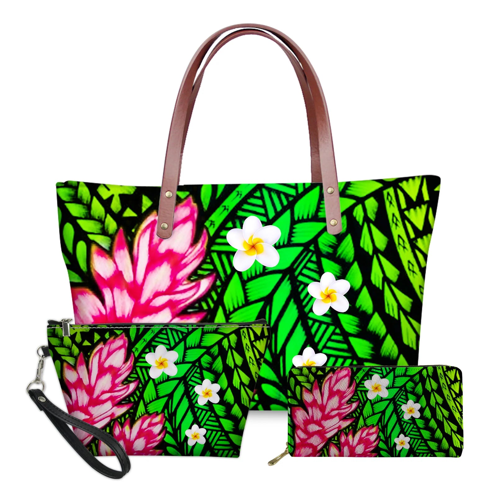 3pc Polynesian tribal print handbag set featuring neon green patterns, pink ginger flowers, and white plumeria accents.