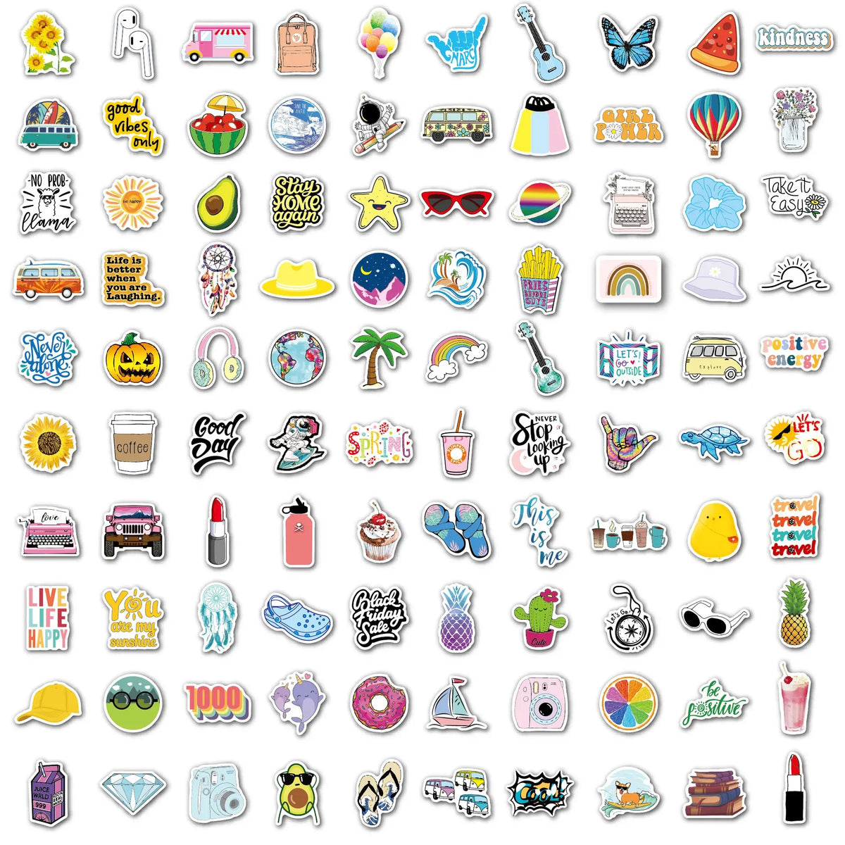 Assorted waterproof vinyl stickers, small icons and characters in many colors