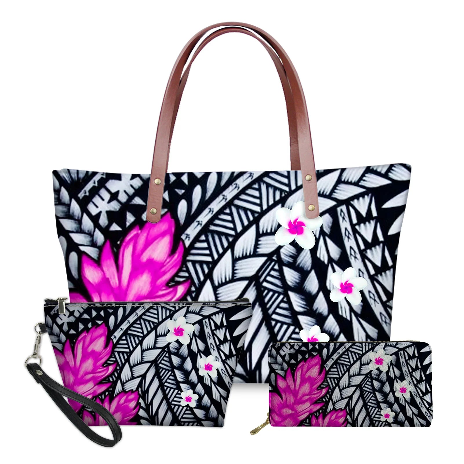 3pc handbag set, black and white Polynesian tribal turtle print with vibrant pink floral accents and brown straps.