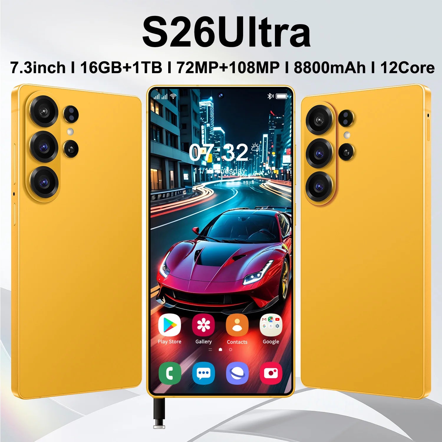S26 Ultra 5G smartphone with 7.3-inch display, 16GB RAM, 1TB storage, and face recognition unlock feature