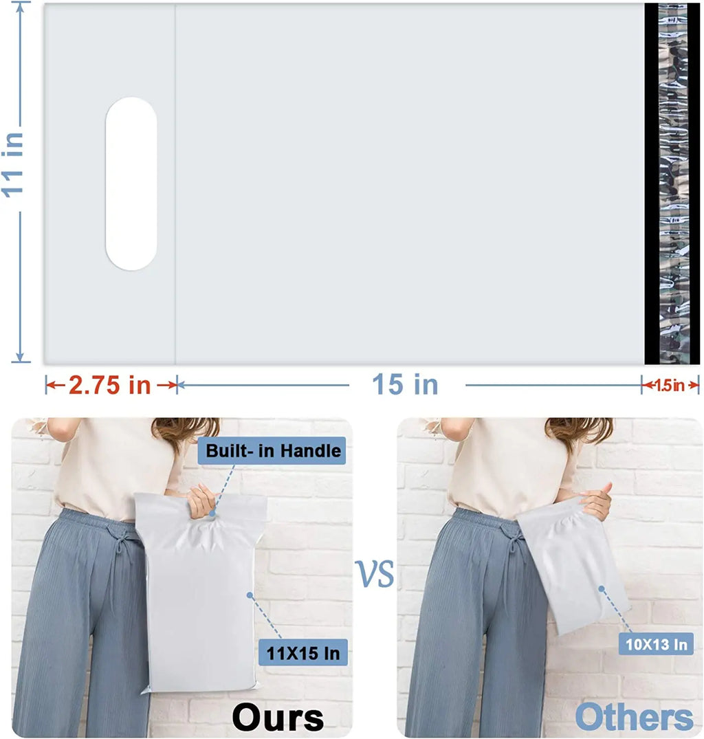Flat poly mailer size diagram with built-in handle comparison and labeled measurements