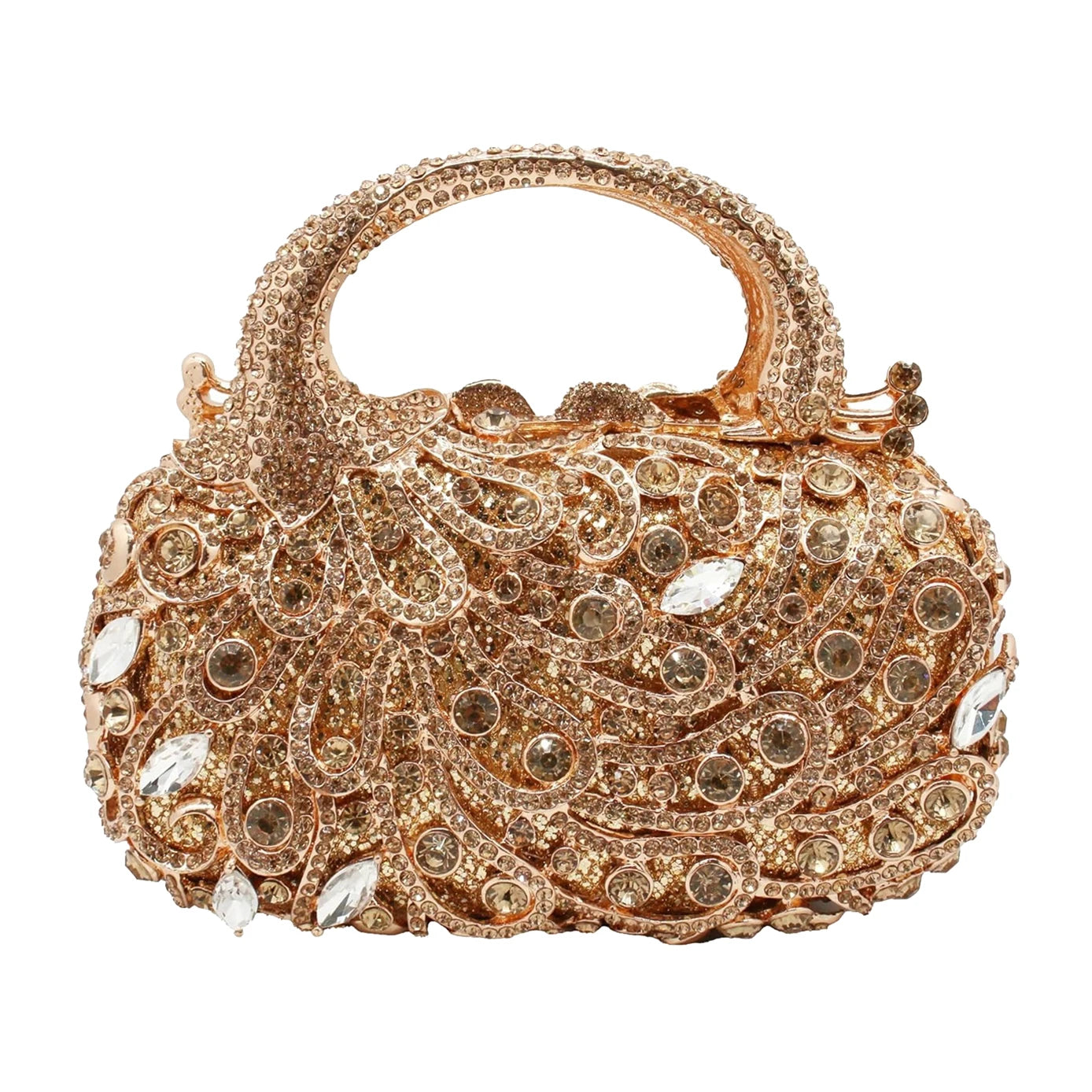 Gold luxury peacock-shaped evening clutch covered in sparkling crystals, featuring a rigid top handle for formal events.