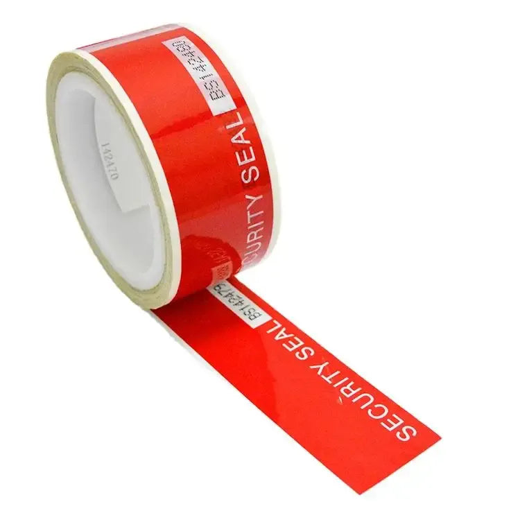 Red security seal tape roll with “SECURITY SEAL” lettering and exposed adhesive end