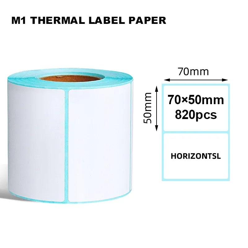 Direct thermal label paper roll with white labels, 70×50mm size, horizontal format