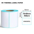 Direct thermal label paper roll with white labels, 70×50mm size, horizontal format