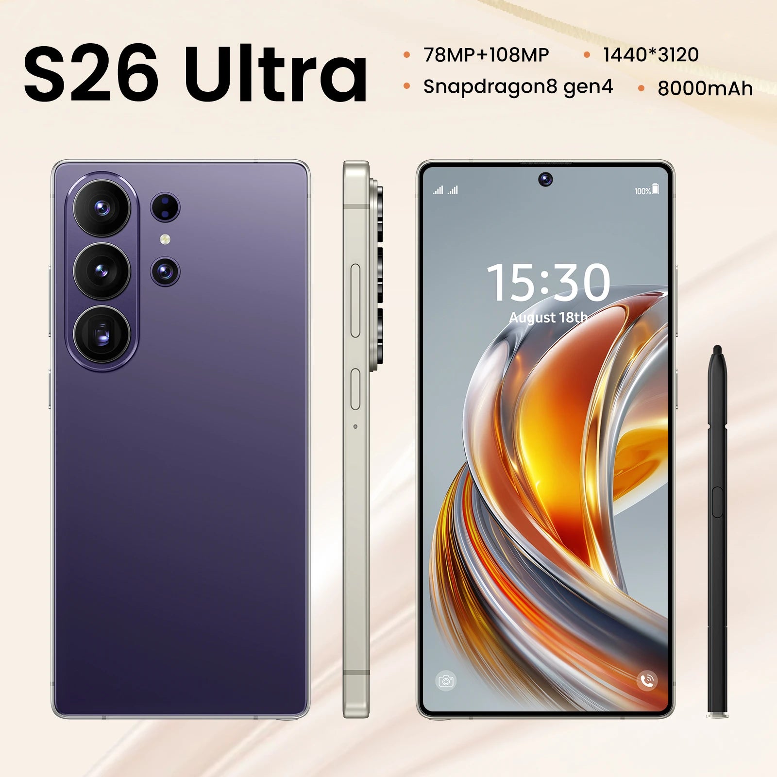 22G+2TB 2026 New Deca Core 5G Smart Phone S26 Ultra Big Screen 7.3 Inch Global CDMA LTE Dual-SIM Dual-standby Built-in Pen 48MP