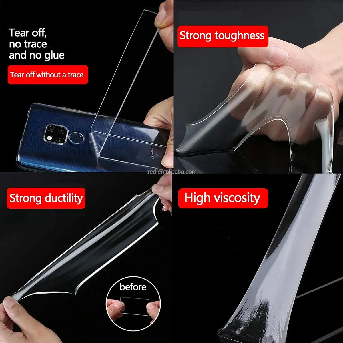 Transparent adhesive tape strip in hand, no-trace tear-off