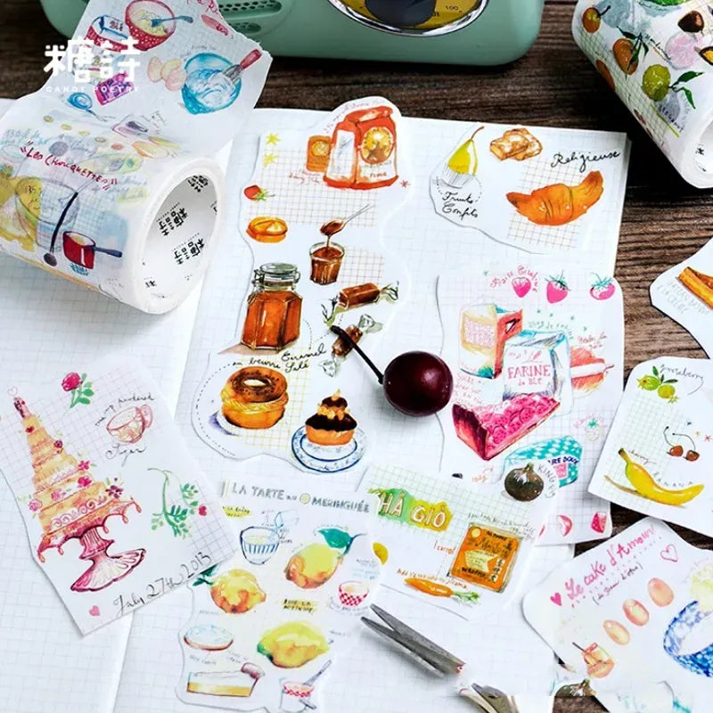Decorative food masking tape rolls showing jars, desserts, fruit, and candies