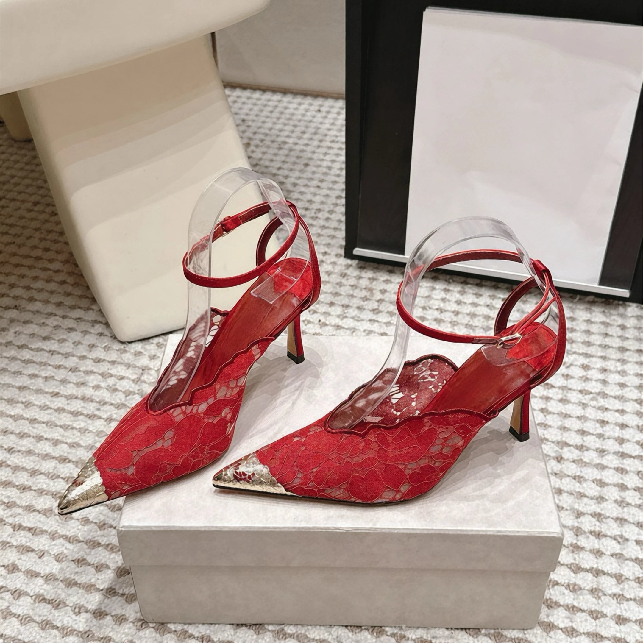 High-quality Designer Style Lace-up Pointed Toe Open-heeled 10cm Stiletto Heels Women's Ankle-length Strappy Elegant Heels
