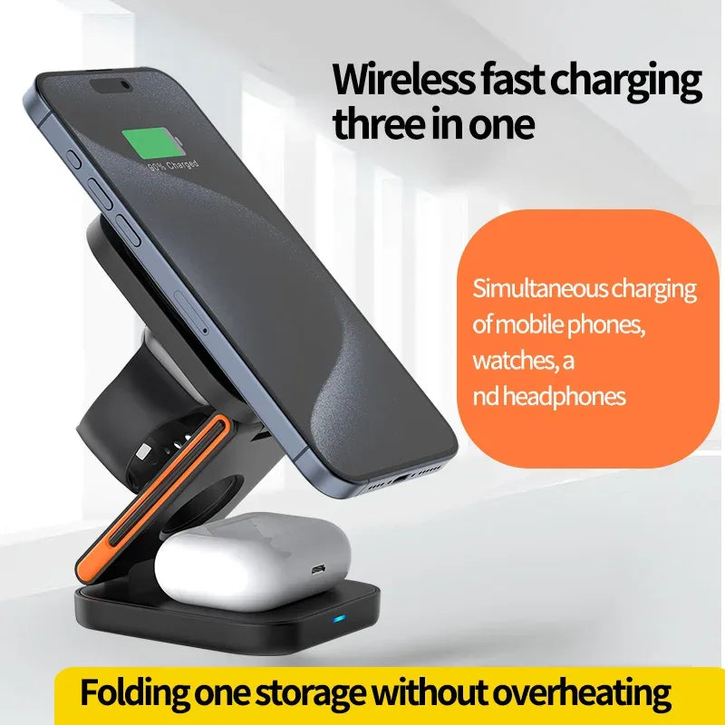 3-in-1 Foldable Wireless Charger Stand for Phone, Watch, and Earbuds Tidesmit