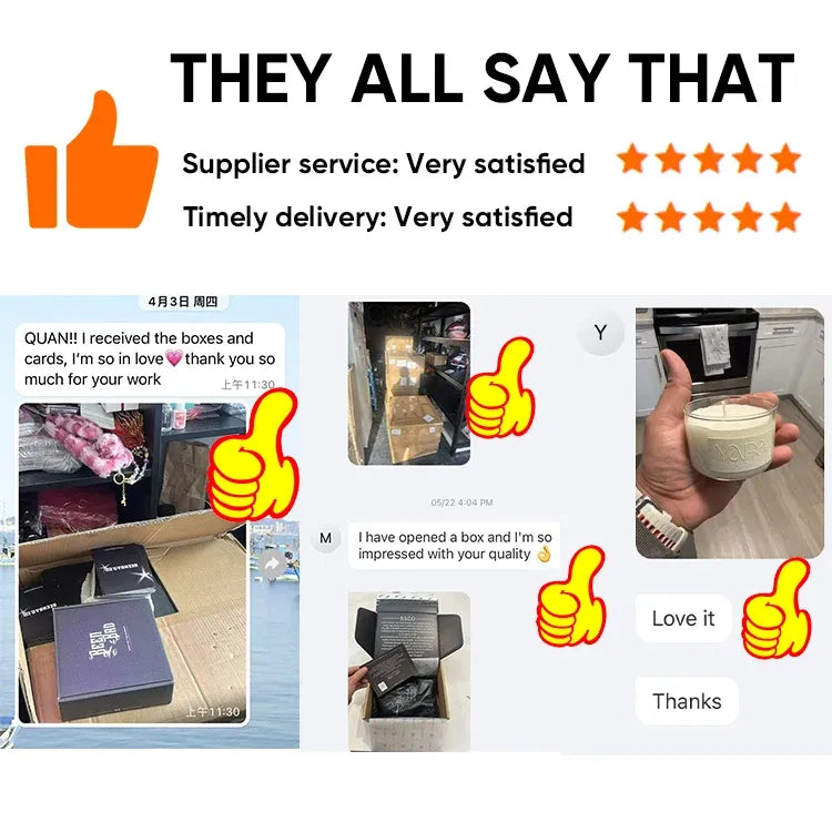 Customer review sticker labels with thumbs-up icons, ratings, and thank-you text