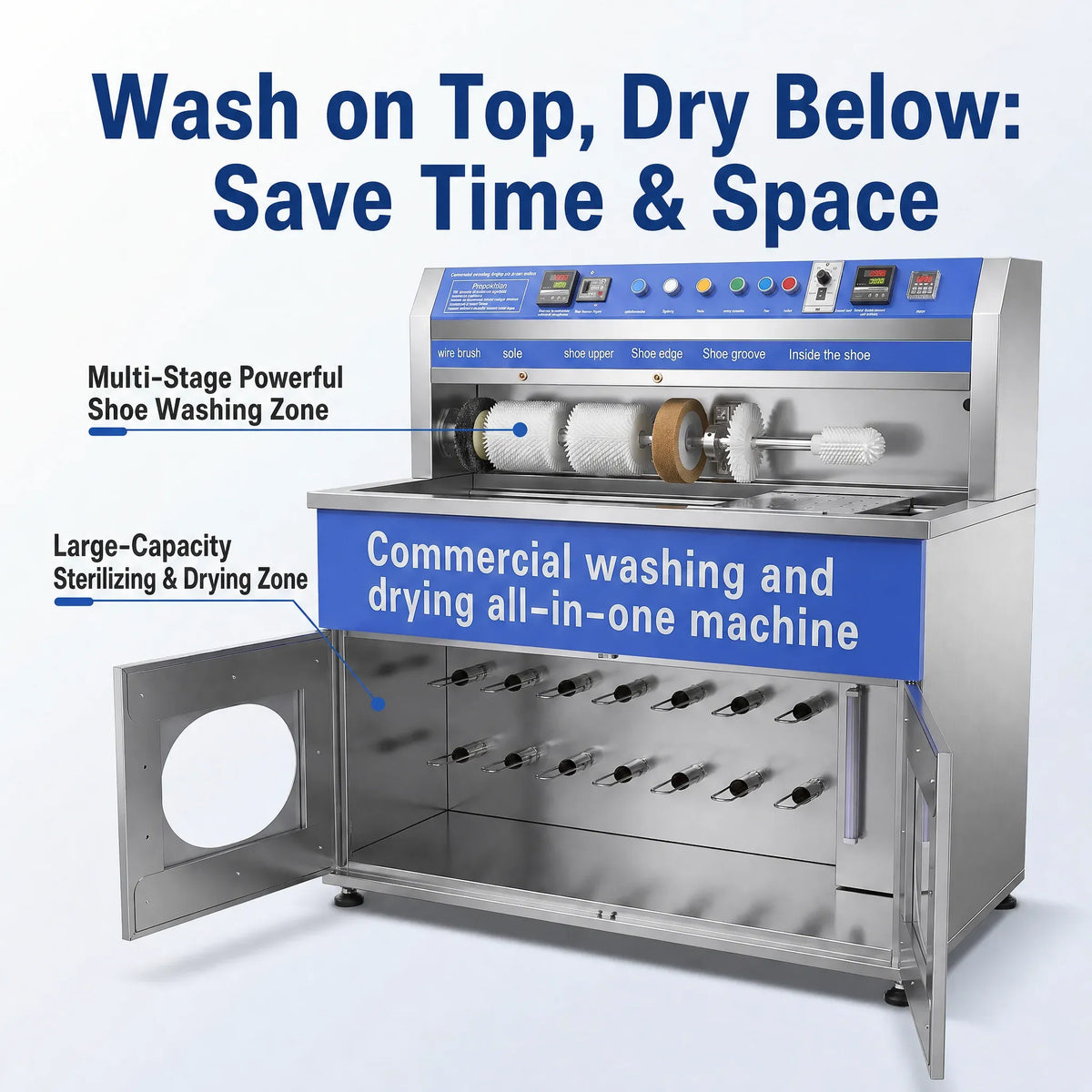 Commercial Shoe Washing and Drying Machine Semi Automatic Shoe Cleaner with Multiple Brushes Large Capacity for Shoe Stores