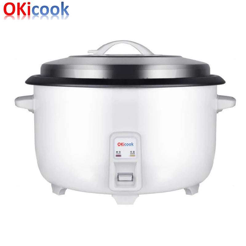 OkiCook commercial rice cooker, white body, black top lid, front switch