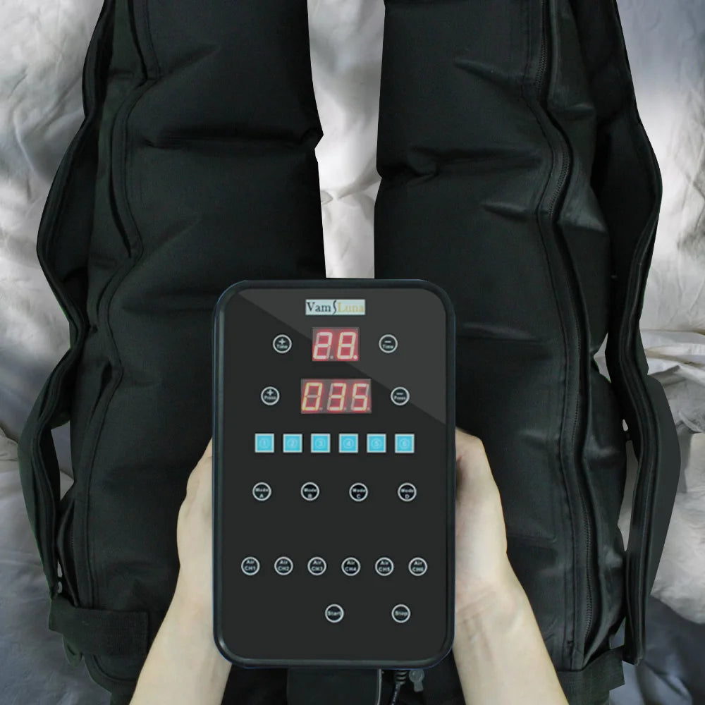 XXL black air compression leg massage recovery boots with digital control panel for blood circulation.