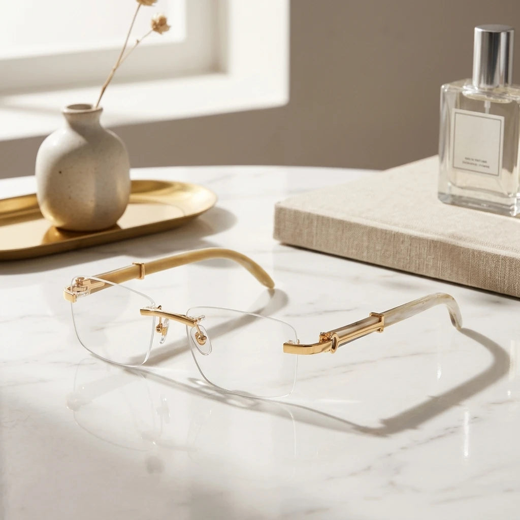 Elegant Rimless Luxury Optical Eyewear Gold Metal Natural Buffalo Horn Temple Eyeglasses for Women Formal Occasions