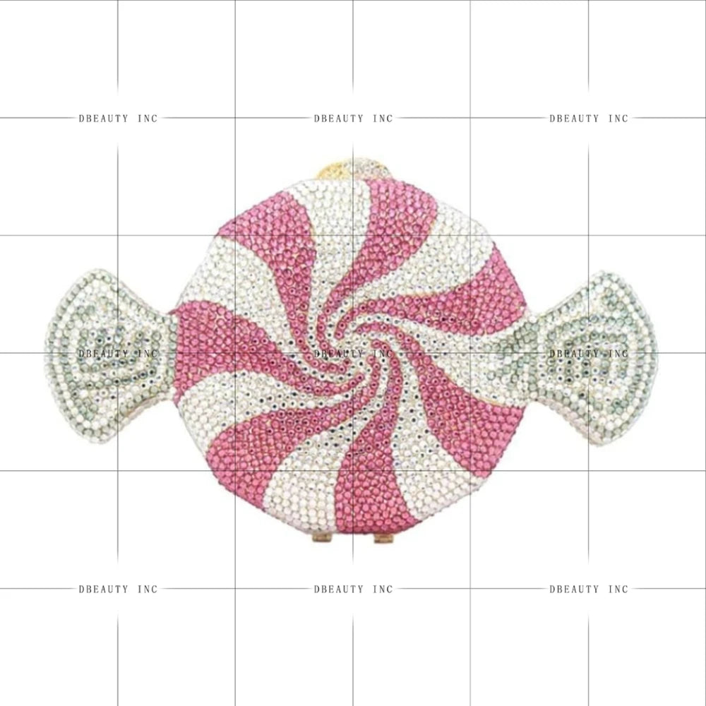 Pink and white candy-shaped crystal clutch designer handbag with sparkling rhinestone swirl pattern for evening events.