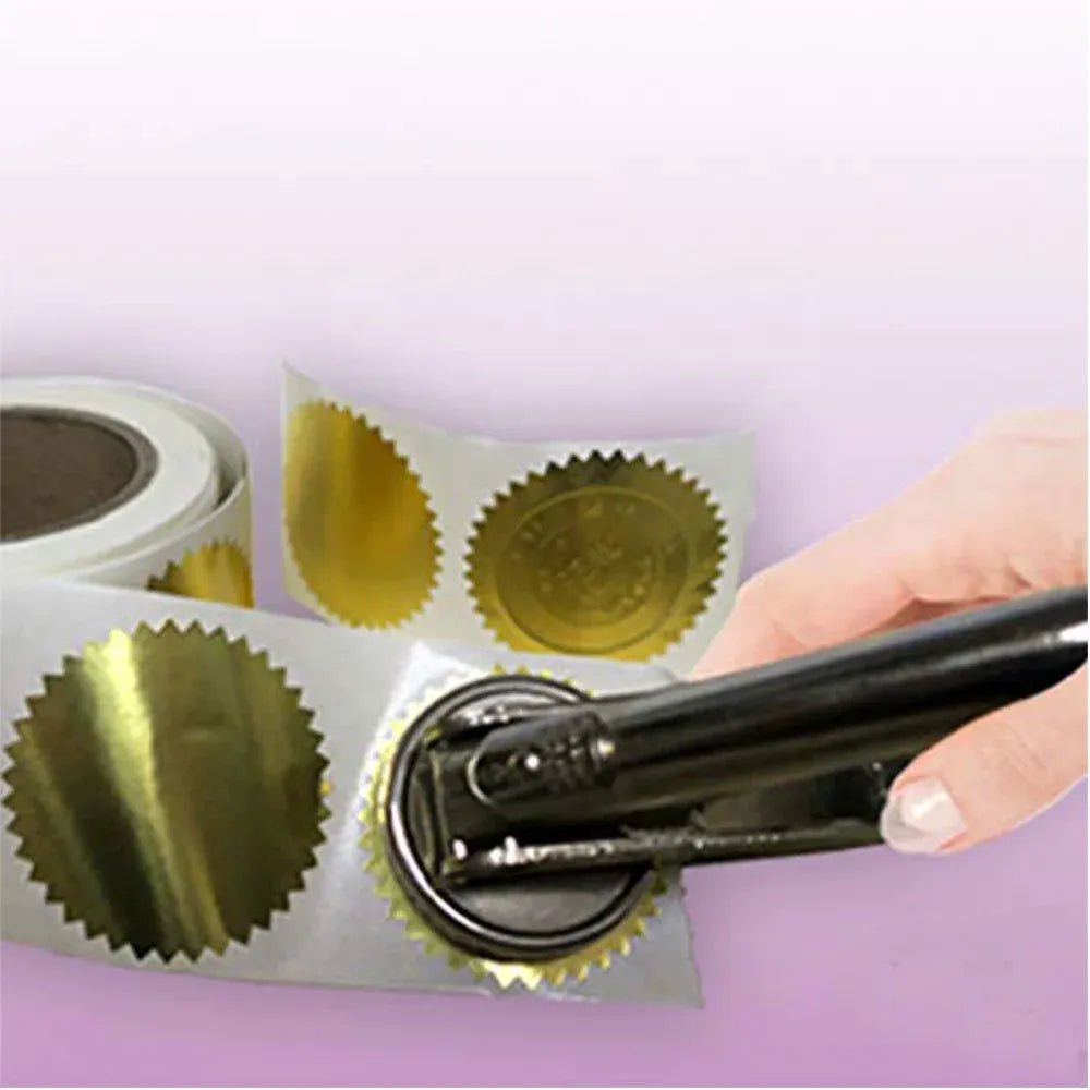 Gold wafer seal stickers with serrated edges and round embossed-style circles