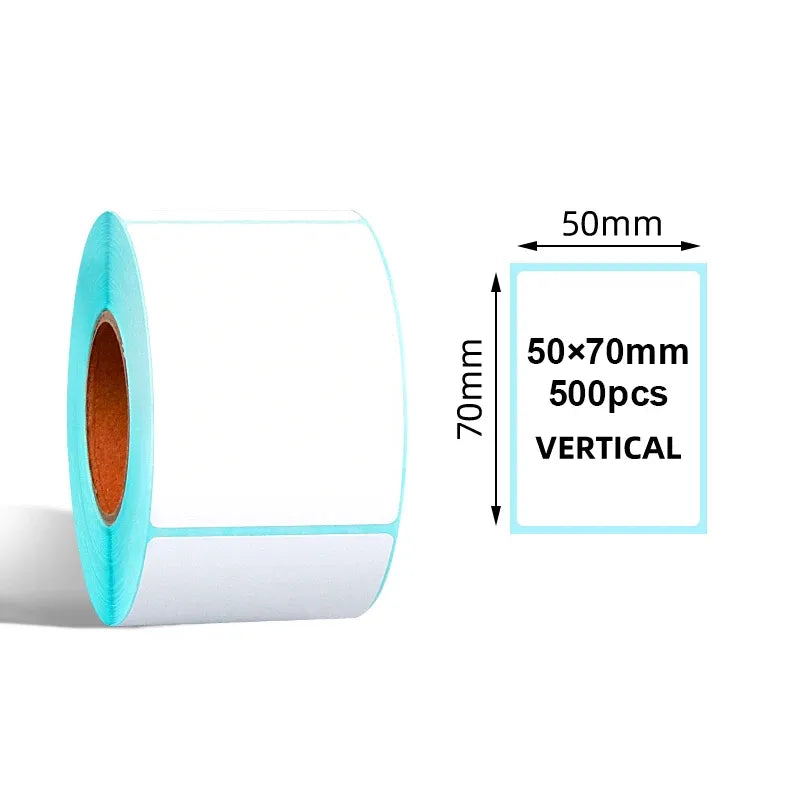 Thermal label roll with sky-blue core, 50x70mm vertical label size, 500 labels