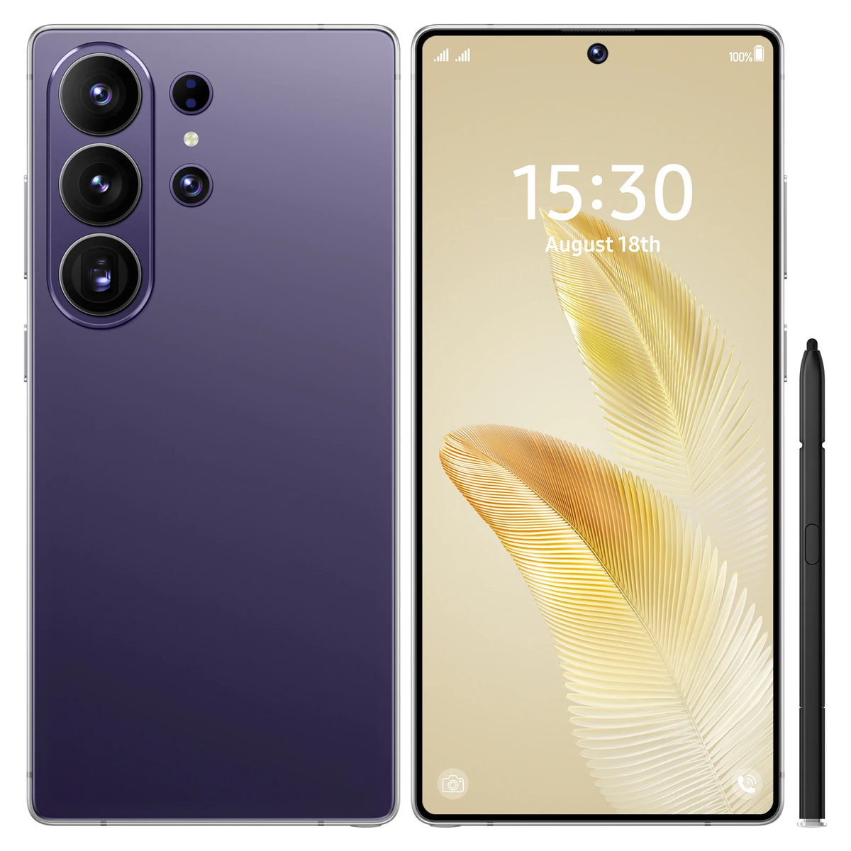 Purple smartphone with triple rear cameras and front display, plus slim stylus