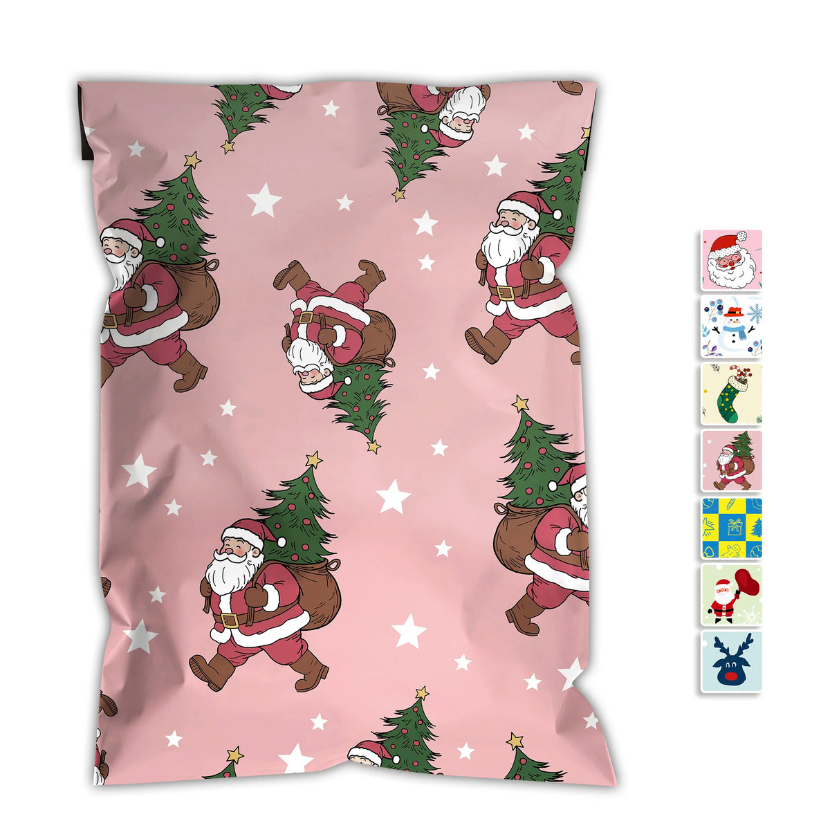 Christmas shipping bag with Santa, deer, and tree border print, light pink background