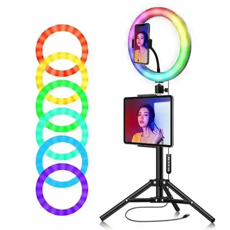 RGB LED ring light on a tripod stand with mounts for a smartphone and tablet for photography and video recording.