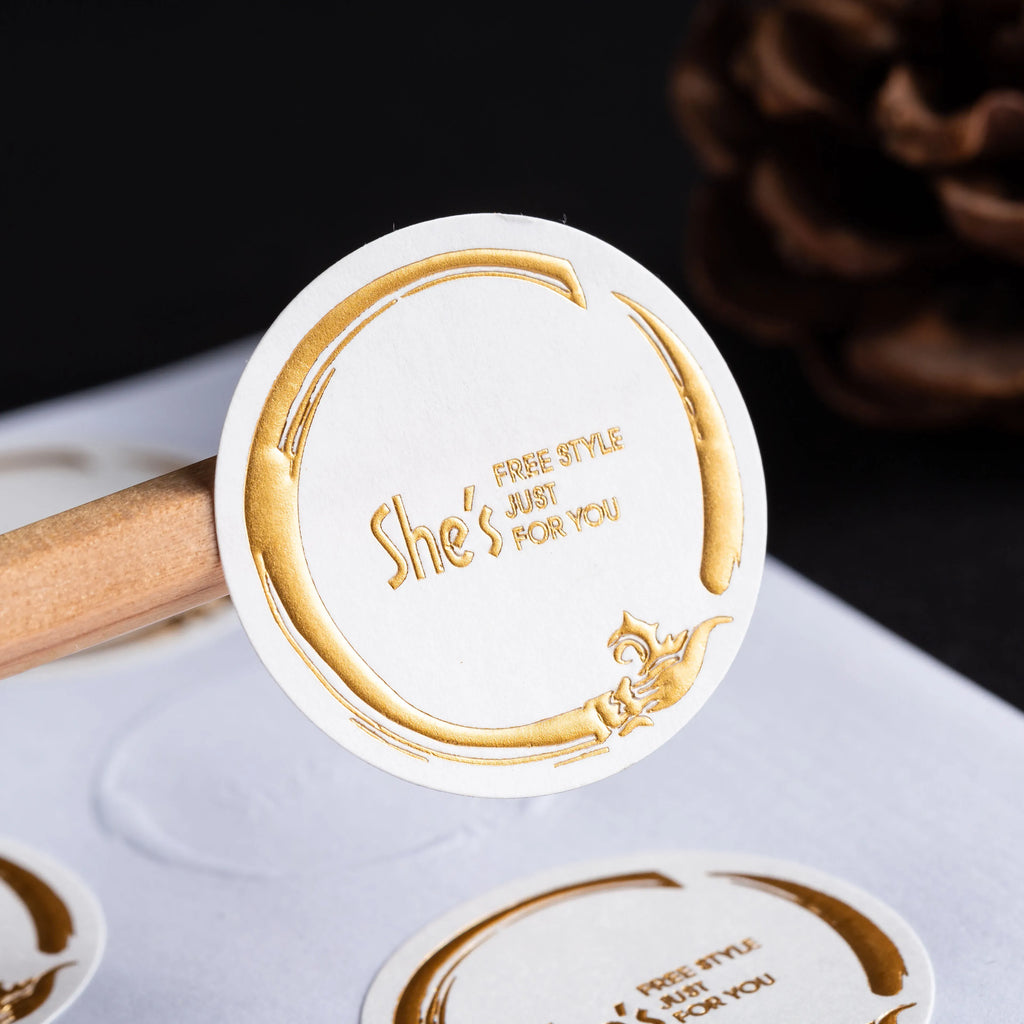 Round thank-you gift seal sticker, white with gold border and printed wording
