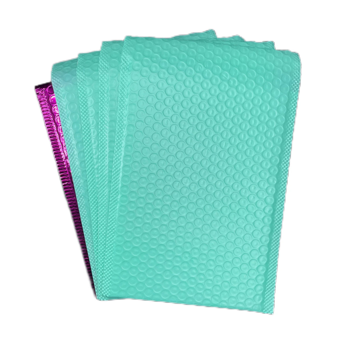 Teal bubble mailer shipping bags with raised bubble-texture poly surface.