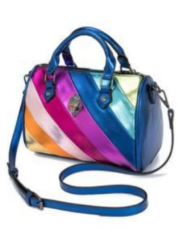 Metallic rainbow stripe trunk handbag with crystal eagle emblem, dual top handles, and detachable shoulder strap.