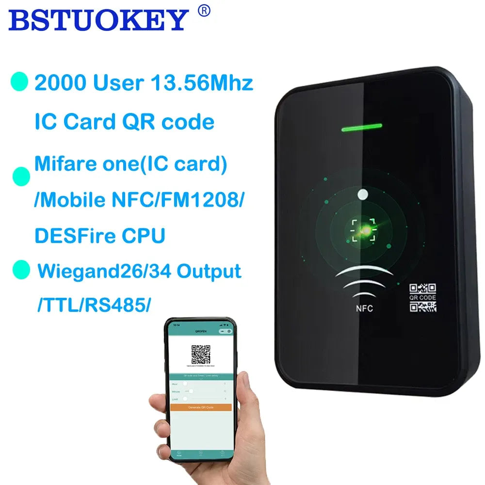 Smart QR Code Access Control Card Reader 13.56Mhz RFID Barcode Scanner Support Wiegand RS485 TTL 20000 Users