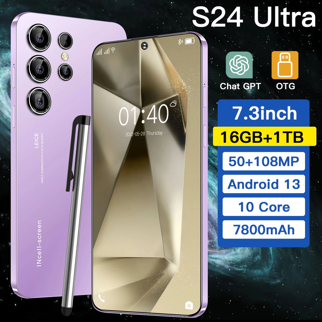 Hot Selling 2026 S24 Ultra 5G Smartphone 16GB+1TB 108MP 144HZ 7.3 Inch Full Screen Dual SIM CDMA Android 15