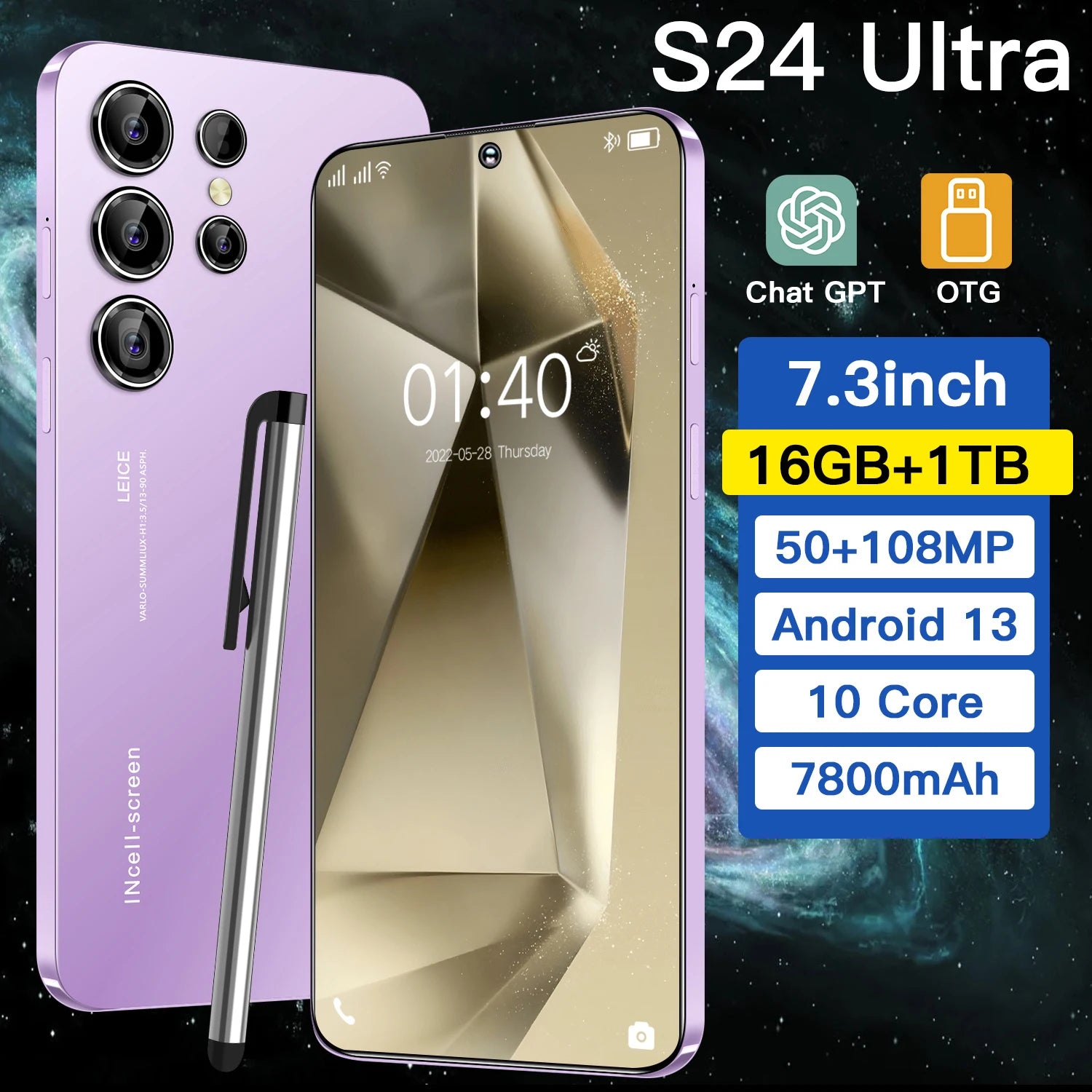 Hot Selling 2026 S24 Ultra 5G Smartphone 16GB+1TB 108MP 144HZ 7.3 Inch Full Screen Dual SIM CDMA Android 15