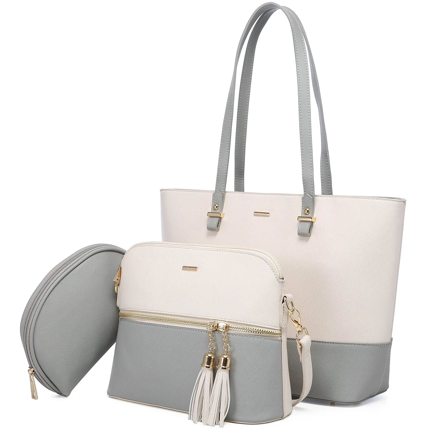 3-piece white and grey PU leather designer handbag set featuring a tote, crossbody bag, and clutch with tassel accents.