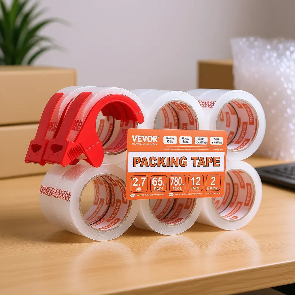 Multiple clear packing tape rolls with red dispensers stacked on a table