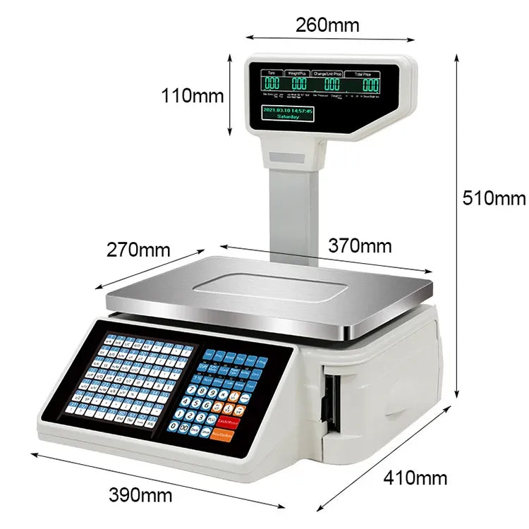 Electronic weighing scale with barcode display; labeled width and height dimensions