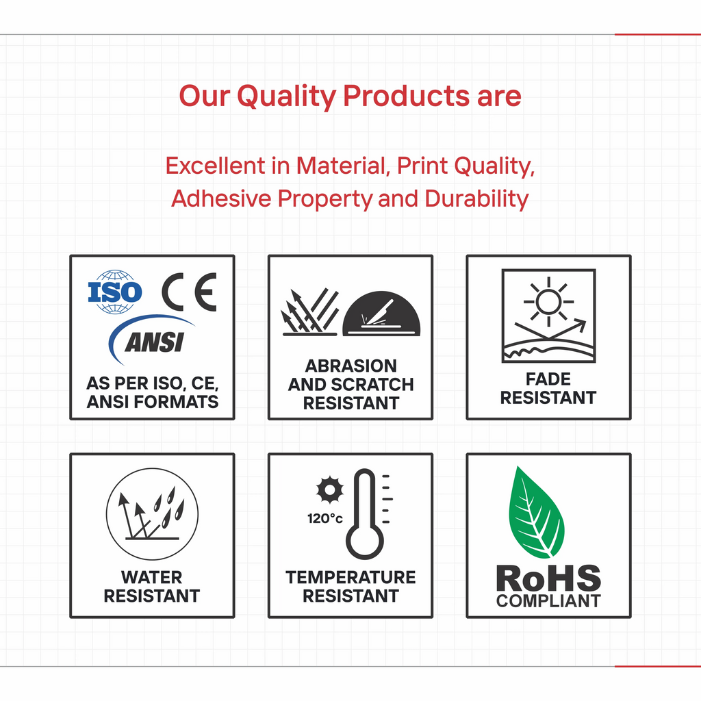 Durability quality badges for adhesive stickers, including water, abrasion, and RoHS