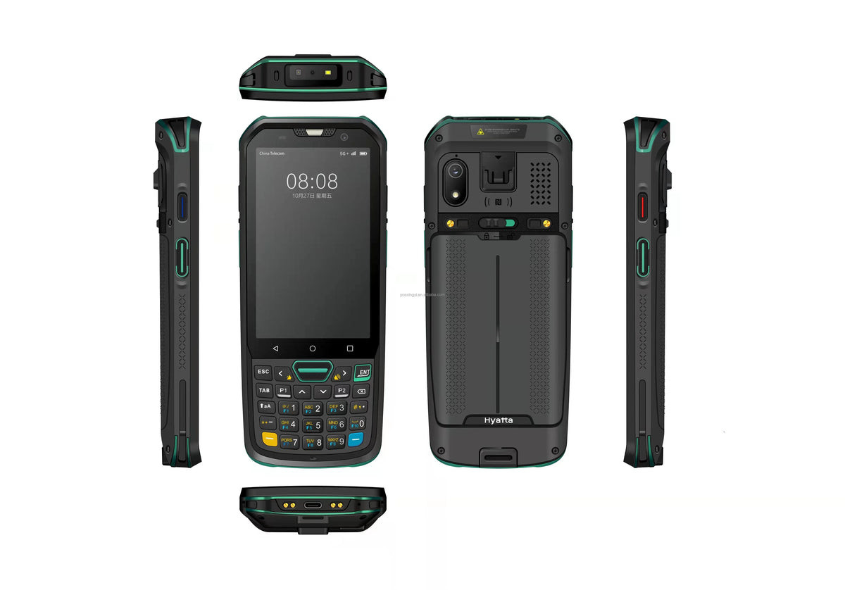 Rugged handheld barcode scanner PDA shown front, back, and side views