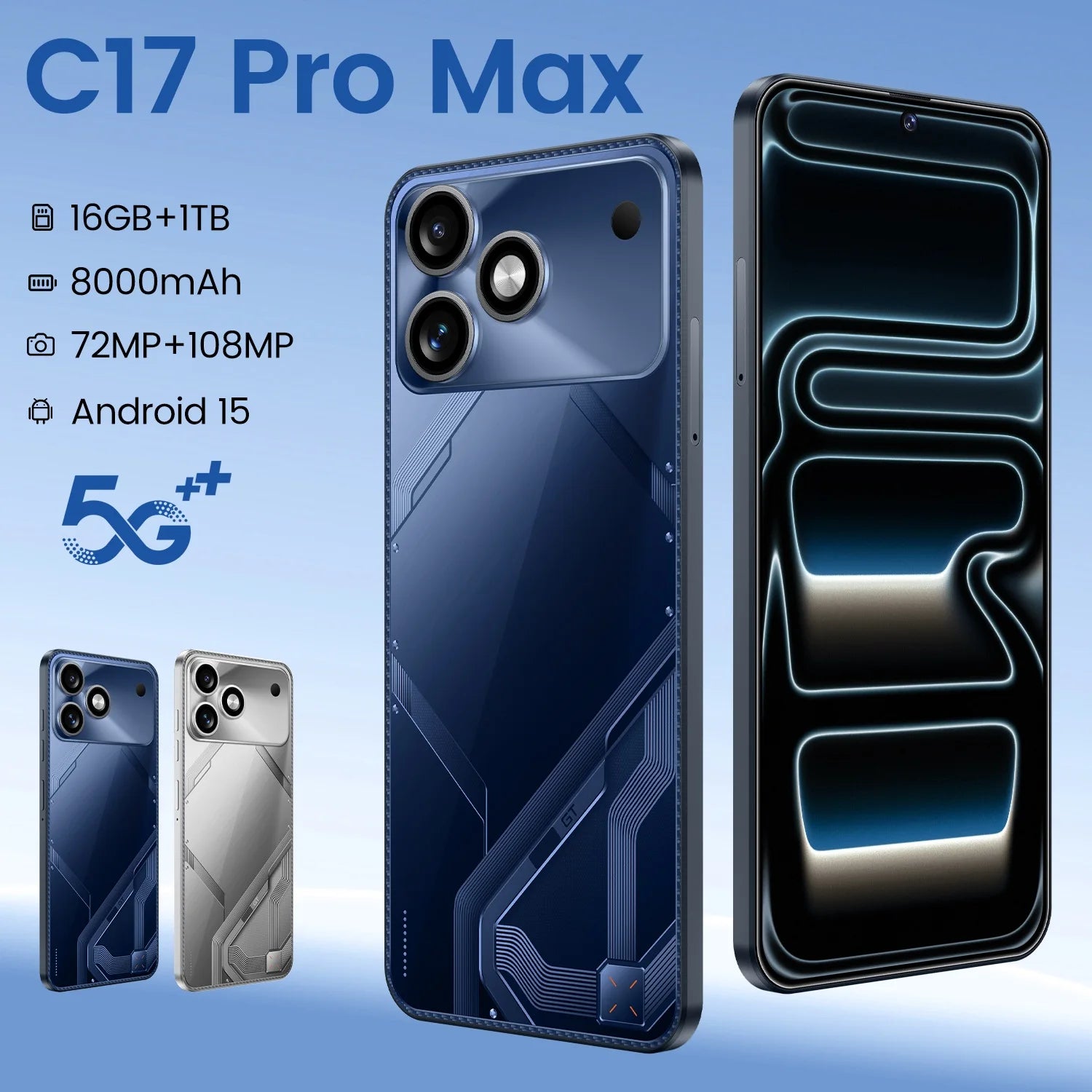 2026 New Smartphone 16+1TB Large Memory C17Pro Mas Phone 7.3 Large Inch 8000mAh Battery