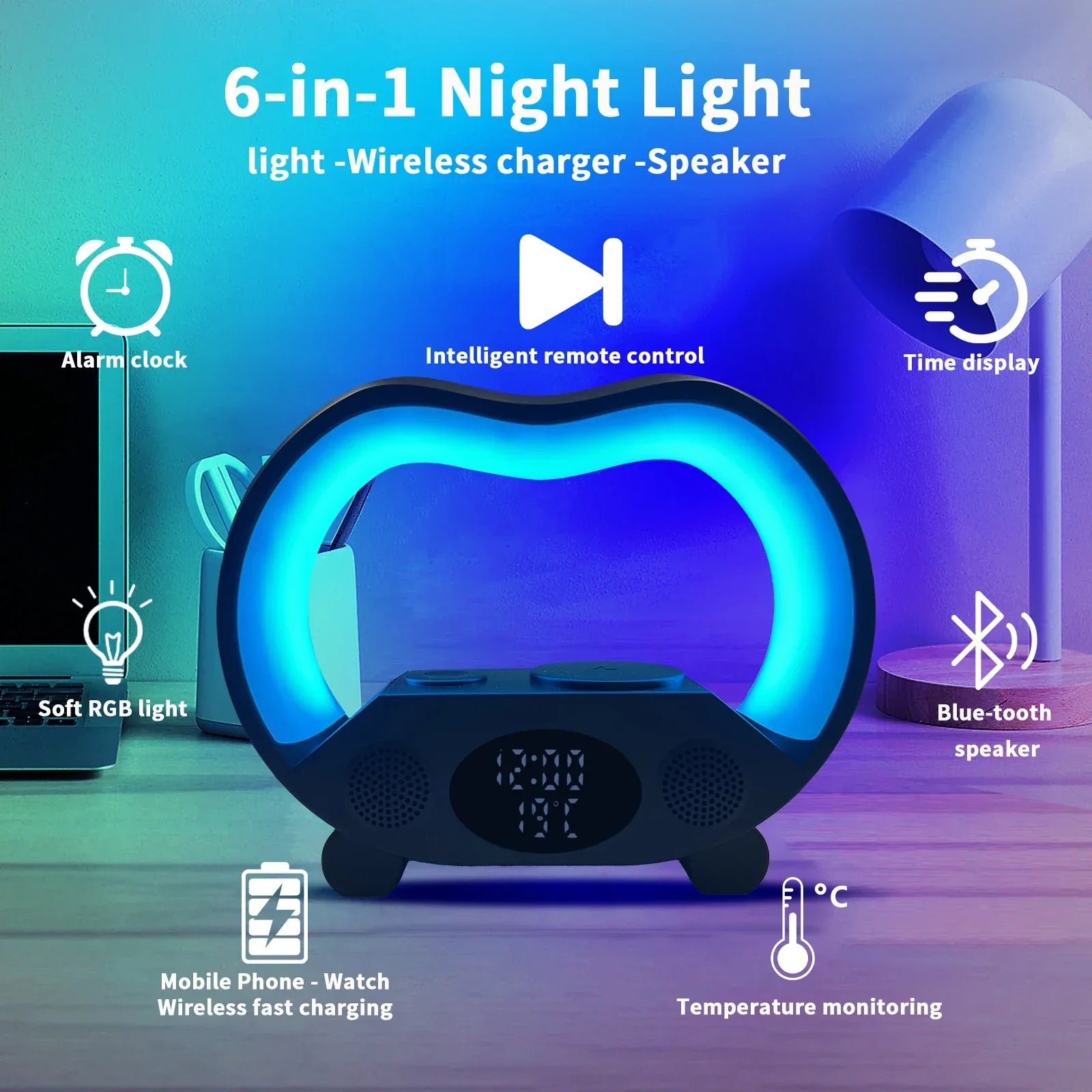 Wireless Charging Alarm Clock with RGB Lamp and Bluetooth Speaker Tidesmit