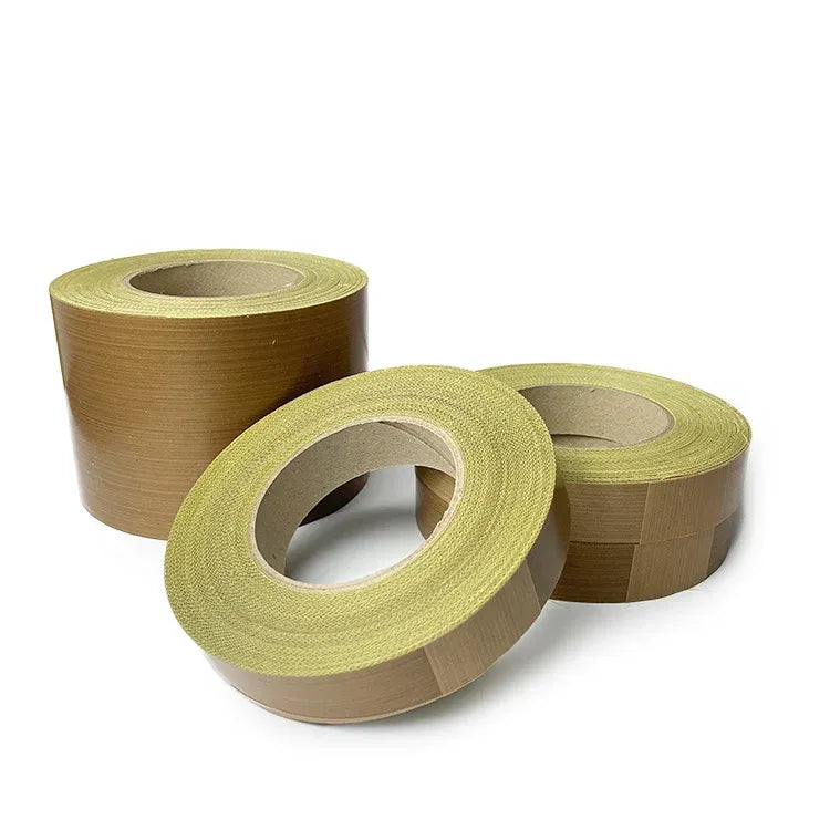 Earth-tone PTFE glass cloth tape rolls wound on cores with adhesive backing