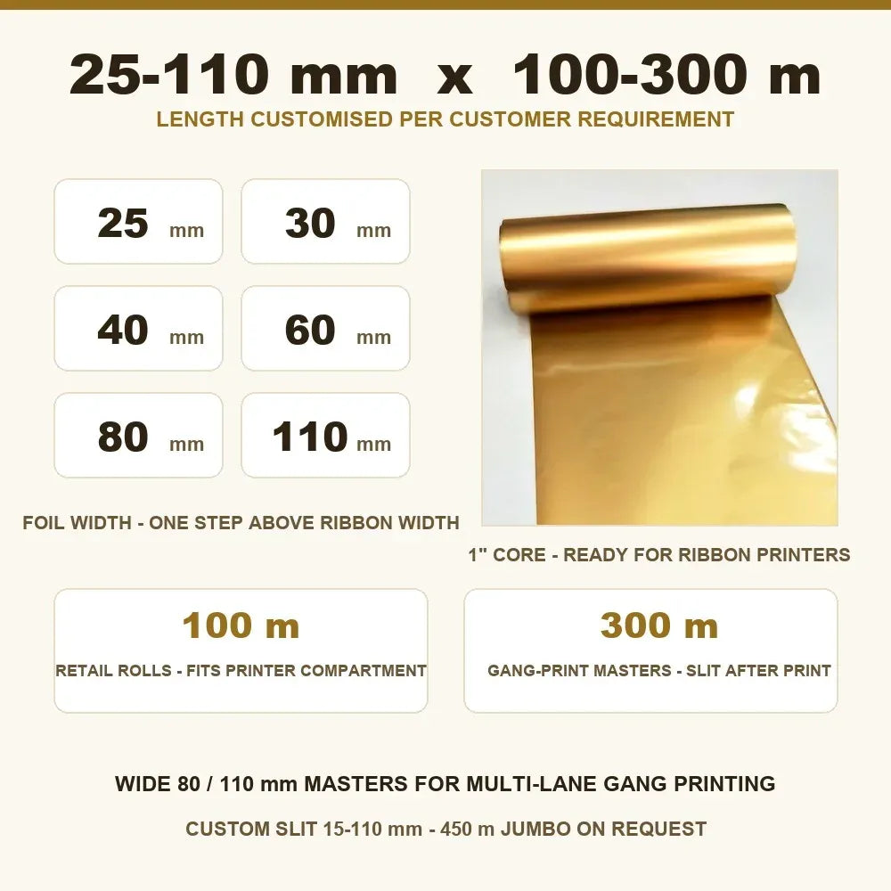 Bright Gold Metallic TTR 60x100M Printer Ribbon Thermal Transfer Barcode Ribbon for Printing Fabric Satin Grosgrain Gift Ribbons