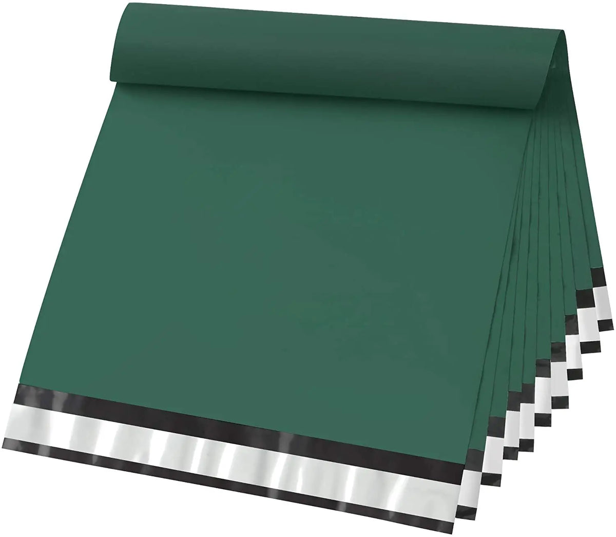 Green poly mailer bags stack with silver strip seal