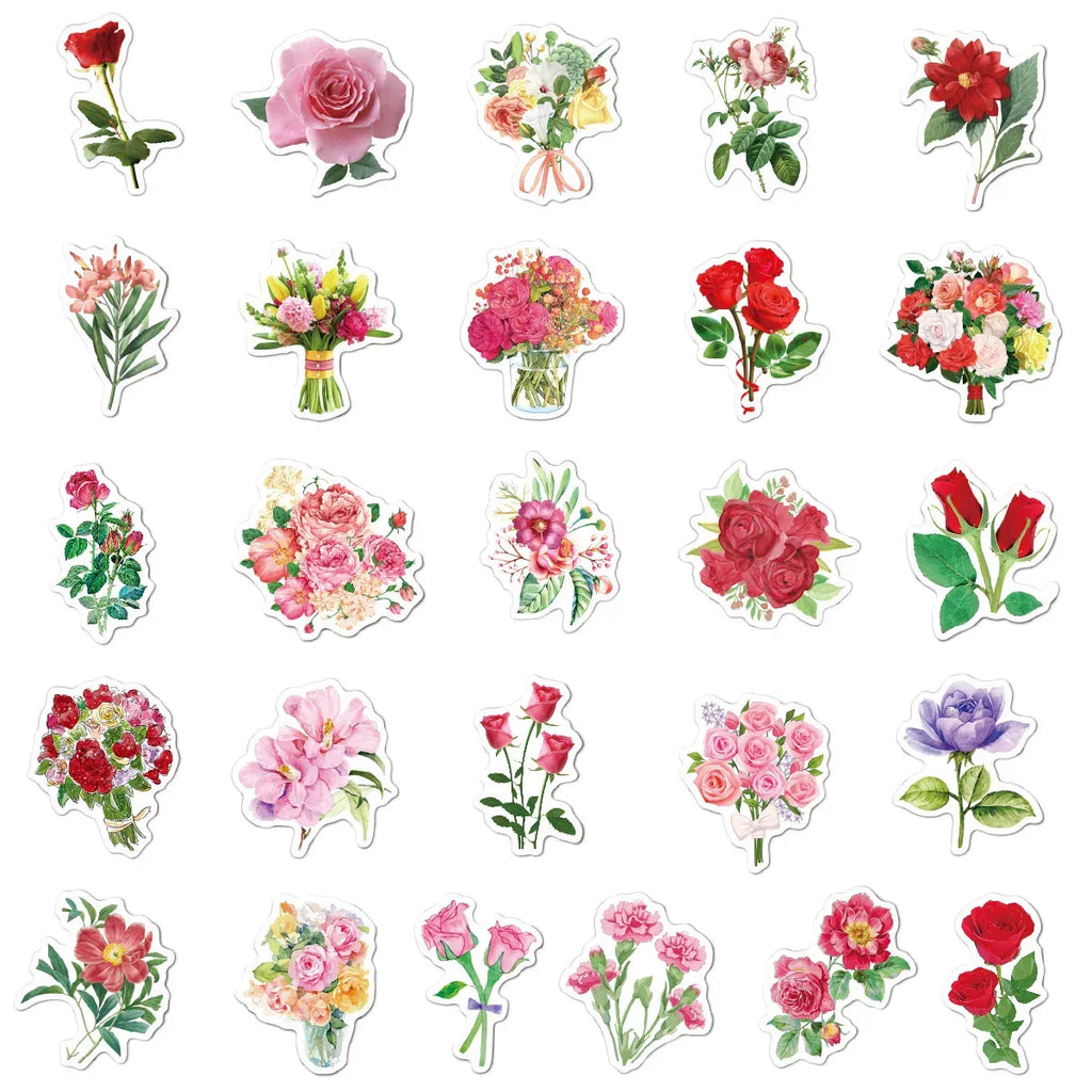Sheet of pink floral cutout stickers with roses and leafy accents