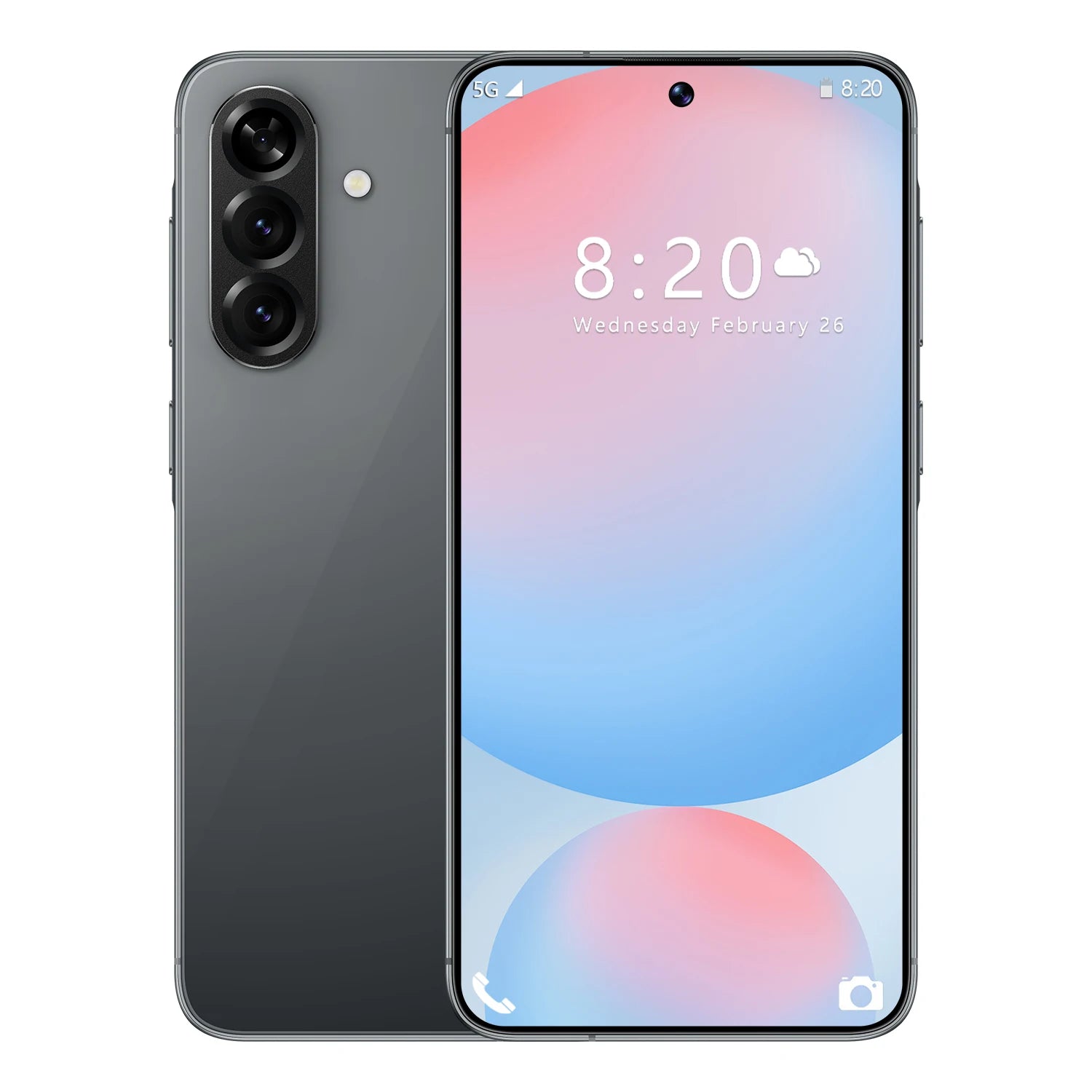 Black smartphone with triple rear cameras and front display, showing 8:20 time on screen.