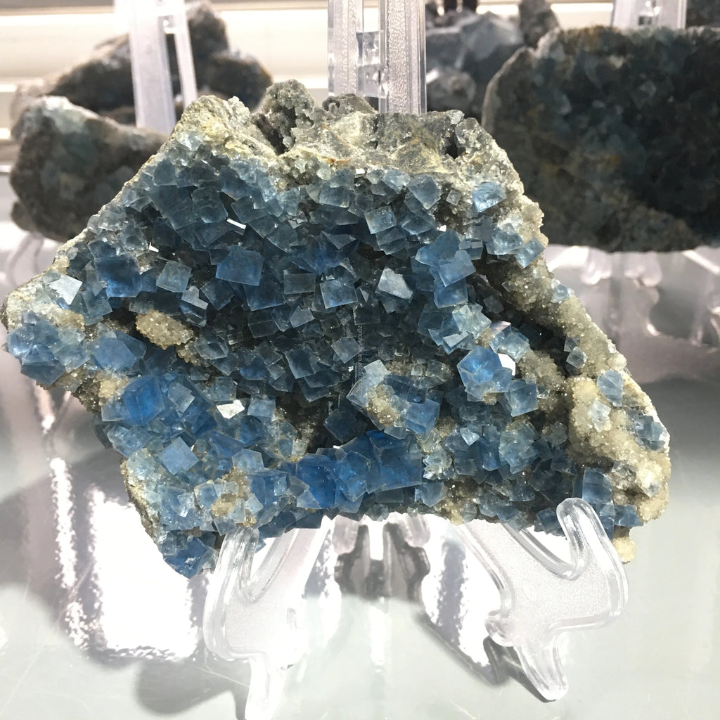 Blue fluorite crystal cluster specimen displayed on a clear stand